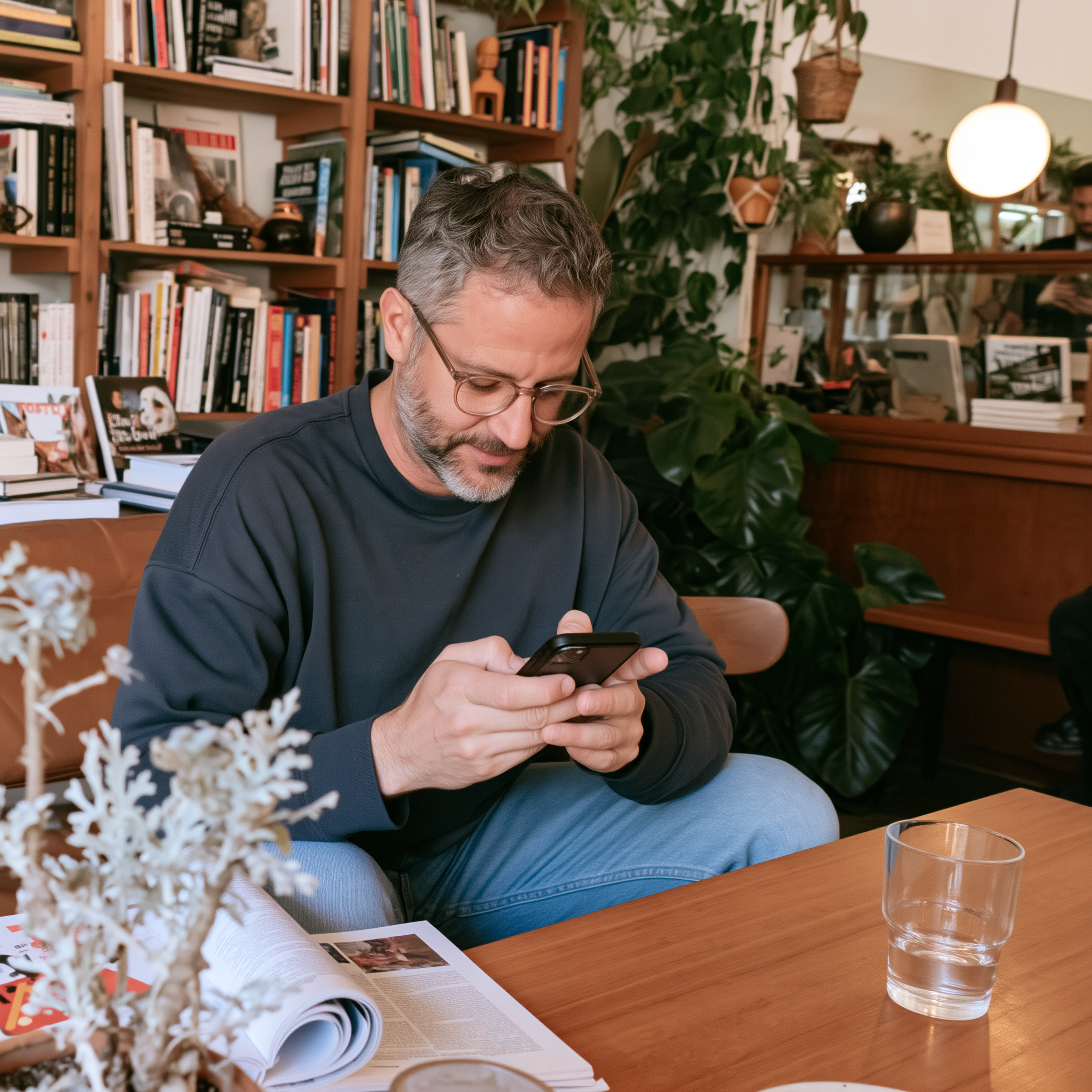 A man sitting in a café and looking at his phone
